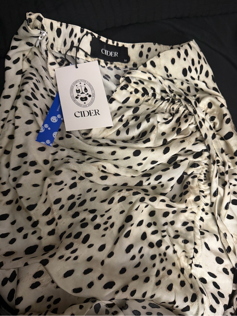 CIDER Black and Cream Spotted Satin Drawstring Skirt
